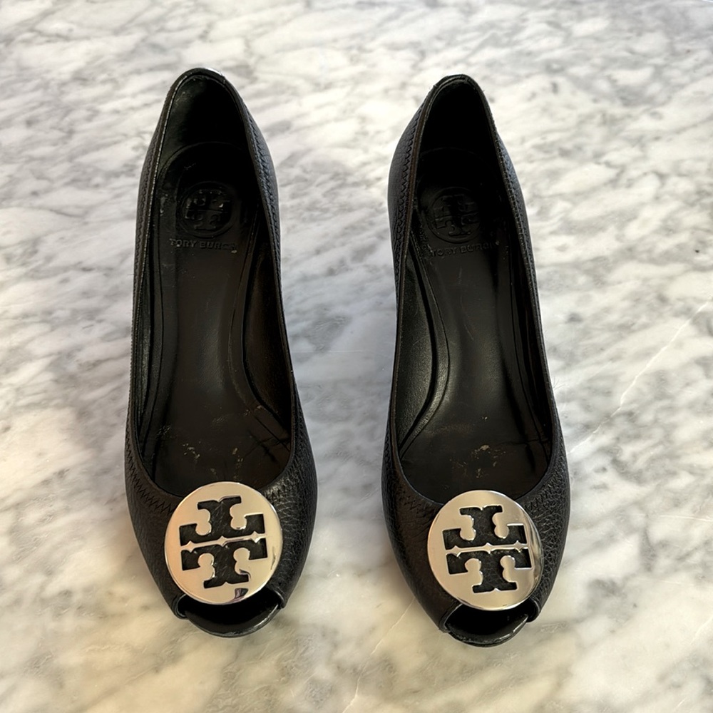 Tory Burch Sally Wedges - Black silver open toe size 7.5